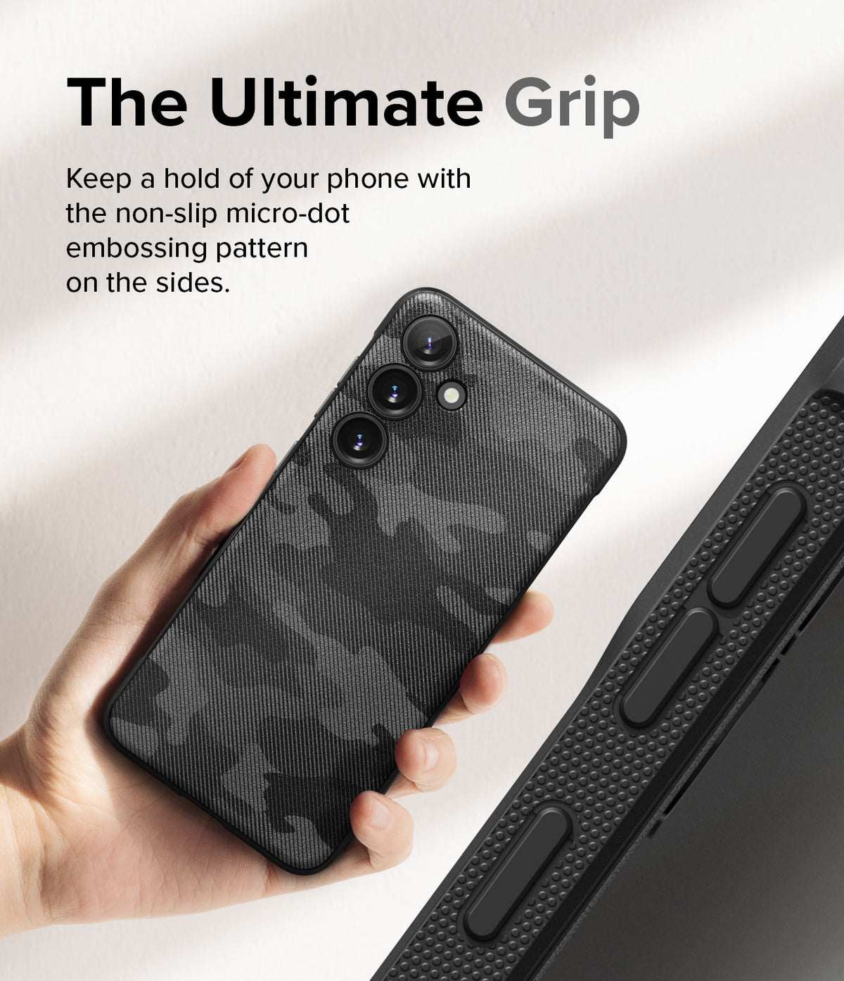 Galaxy S24 Case | Onyx Design - Hand holding a camo-patterned phone case with micro-dot textured sides for grip.