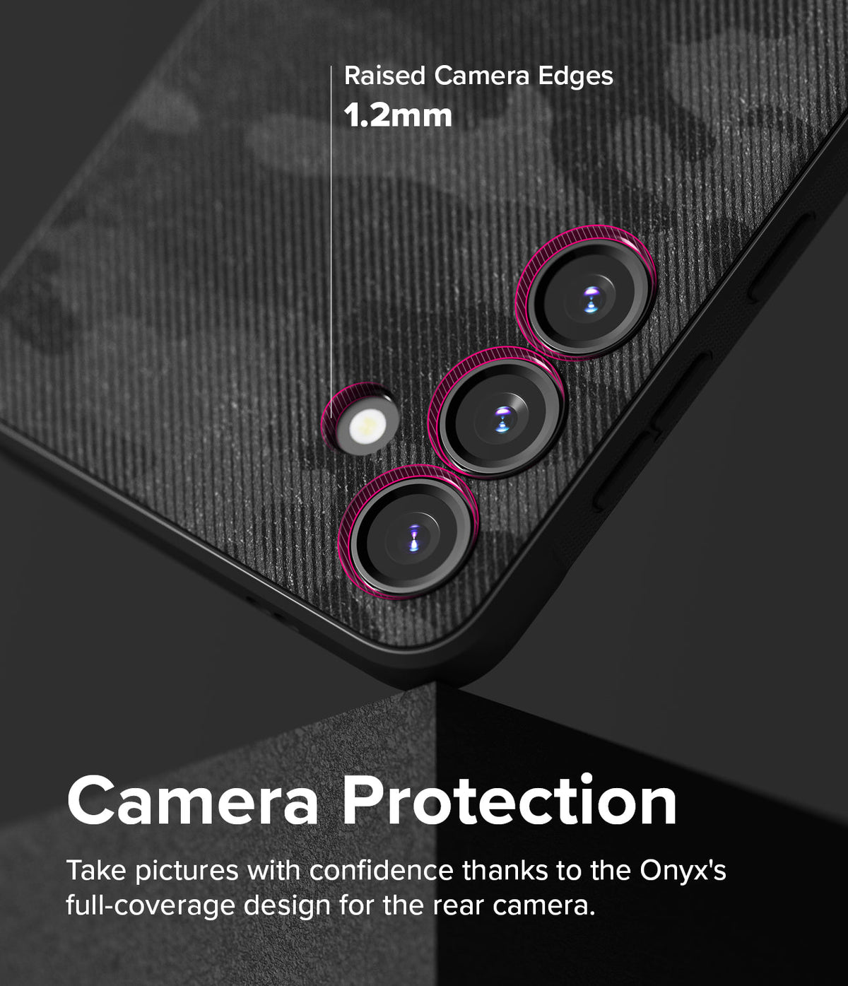 Galaxy S24 Plus Case | Onyx Design - Close-up of phone case showing 1.2mm raised camera edges with highlighted lens rings.