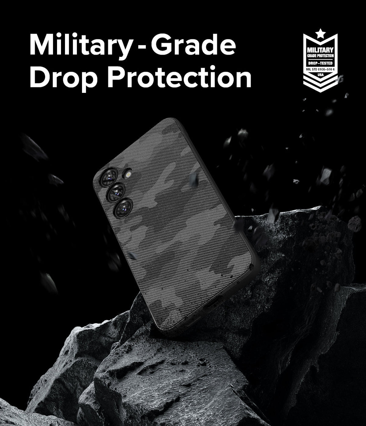 Galaxy S24 Plus Case | Onyx Design - Camouflage phone case floating over dark rocks with military-grade protection text.