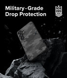 Galaxy S24 Case | Onyx Design - Camo-pattern phone case hovering over jagged rocks with military-grade drop protection text.