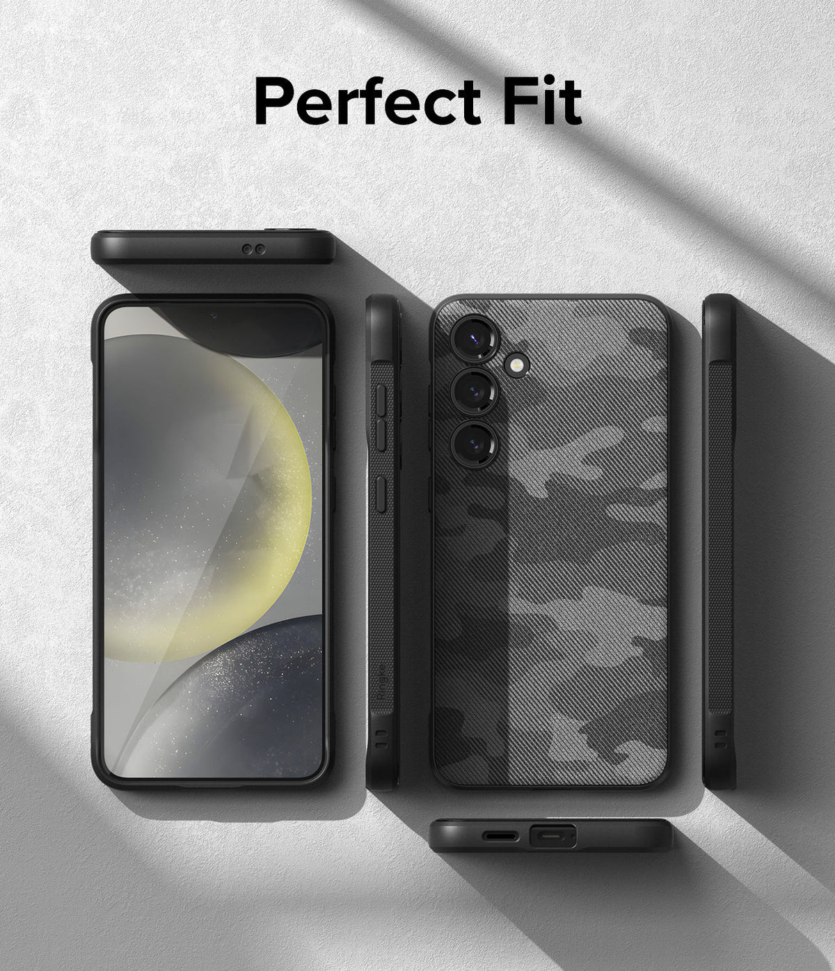 Galaxy S24 Plus Case | Onyx Design - Multiple views of a black phone case with a grey camouflage pattern on a textured background.