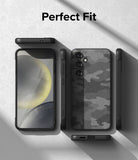 Galaxy S24 Plus Case | Onyx Design - Multiple views of a black phone case with a grey camouflage pattern on a textured background.