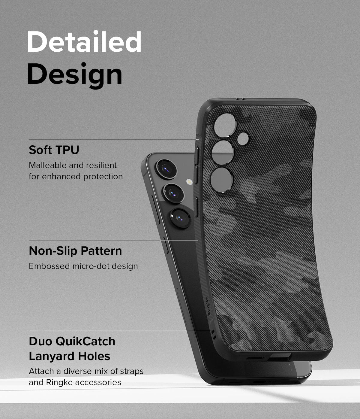 Galaxy S24 Case | Onyx Design - Black camo phone case with TPU material, non-slip texture, and lanyard holes highlighted.