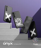 Galaxy S24 Case | Onyx Design - Four black Galaxy S24 cases with unique graffiti and camo patterns floating above white steps.