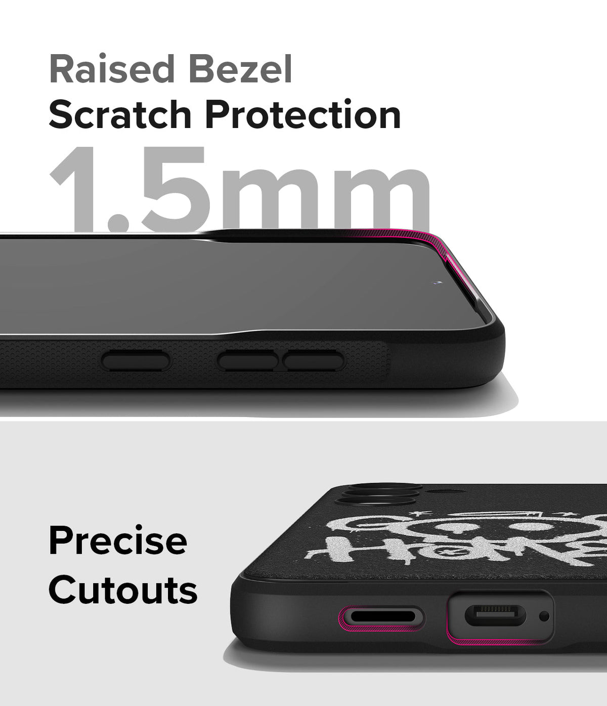 Galaxy S24 Case | Onyx Design - Close-up of phone case showing 1.5mm raised bezel for screen protection and precise port cutouts.