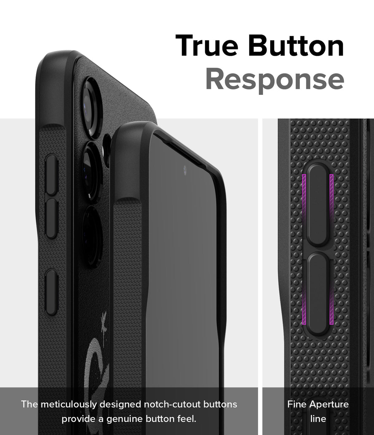 Galaxy S24 Case | Onyx Design - Close-up of black phone case buttons with notch-cutouts highlighting tactile response and aperture.