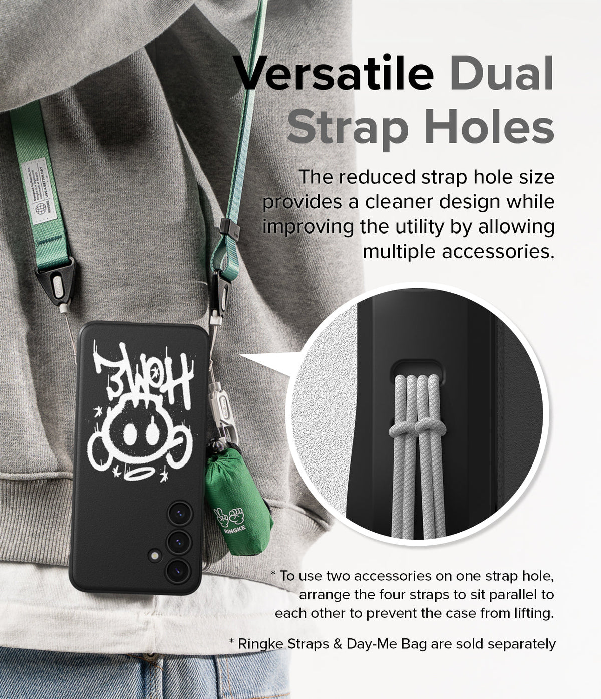 Galaxy S24 Plus Case | Onyx Design - Black phone case with graffiti art, worn with dual straps and a small green bag.