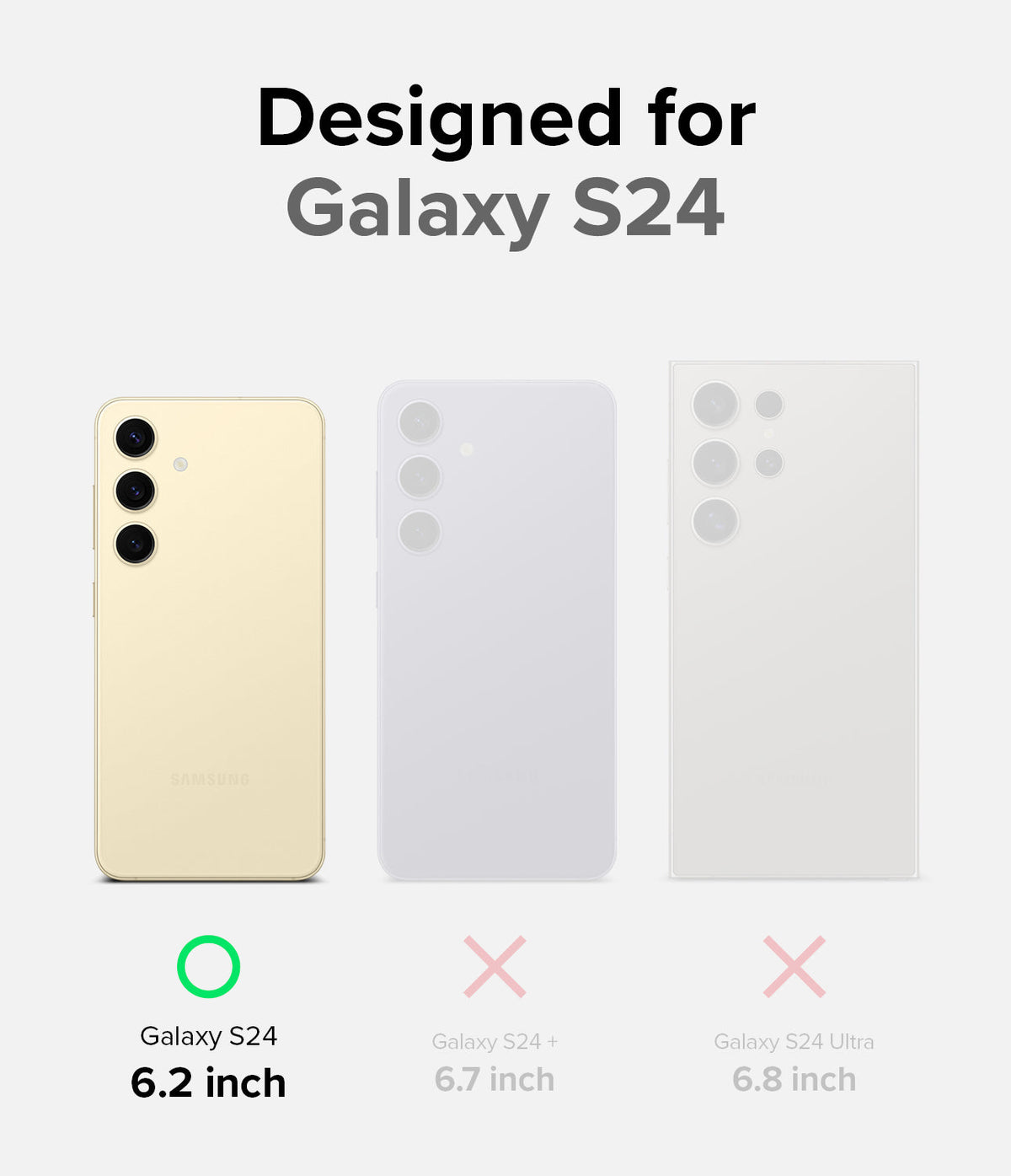 Galaxy S24 Case | Onyx Design - Comparison chart showing Galaxy S24 (6.2") is compatible, while S24+ and S24 Ultra are not.