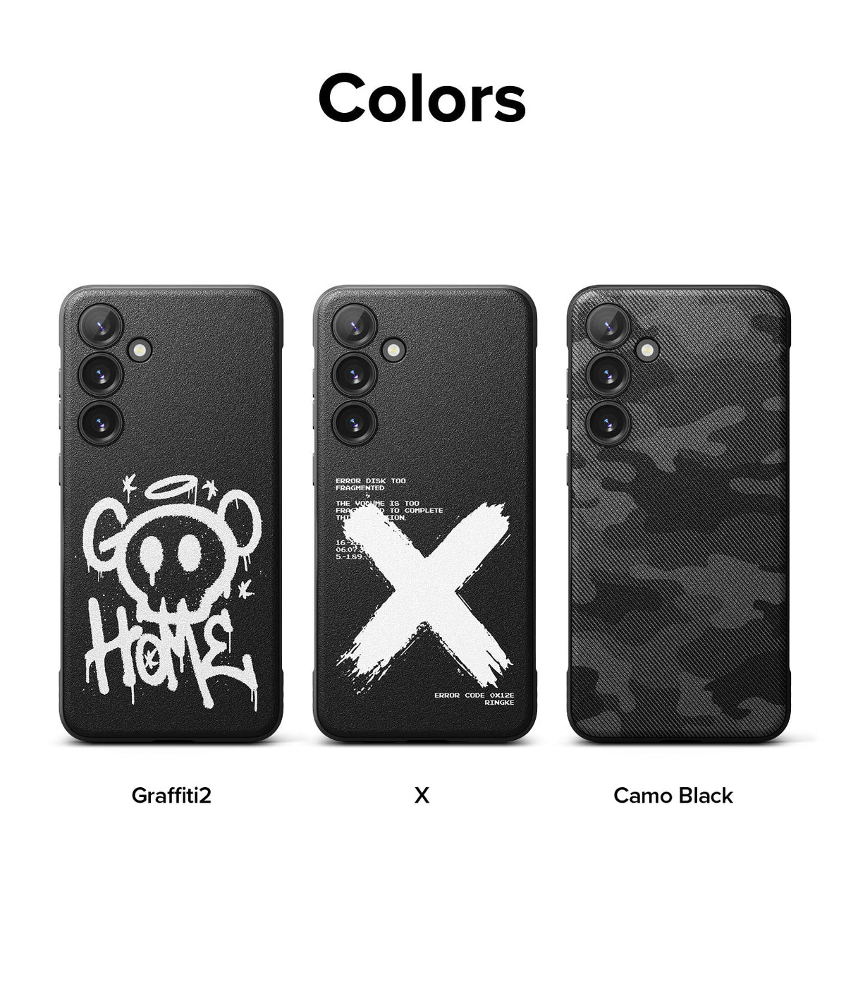 Galaxy S24 Case | Onyx Design - Three black Galaxy S24 cases featuring Graffiti, X, and Camo Black patterns.