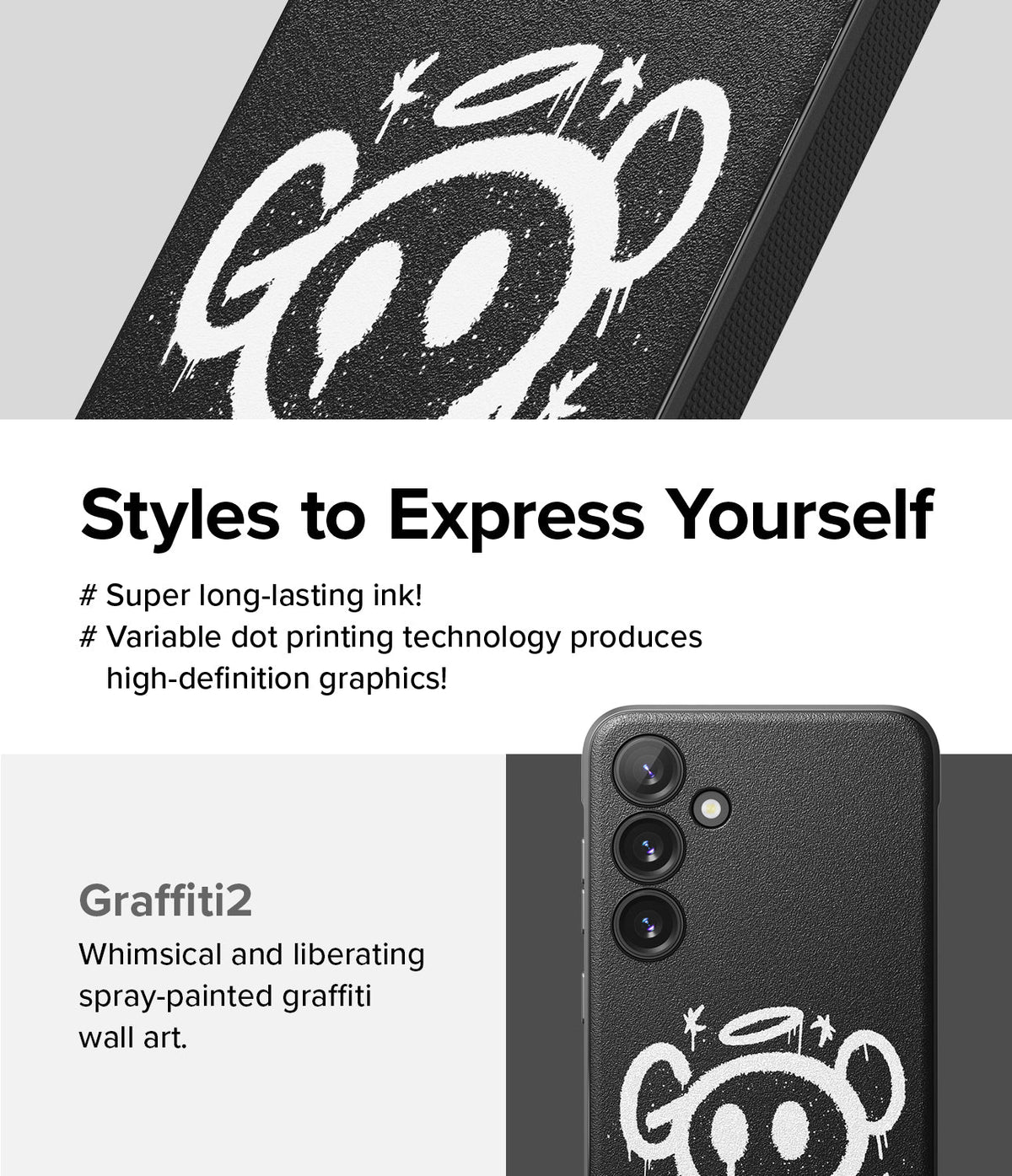 Galaxy S24 Case | Onyx Design - Black phone case featuring a white spray-painted graffiti character with high-definition detail.