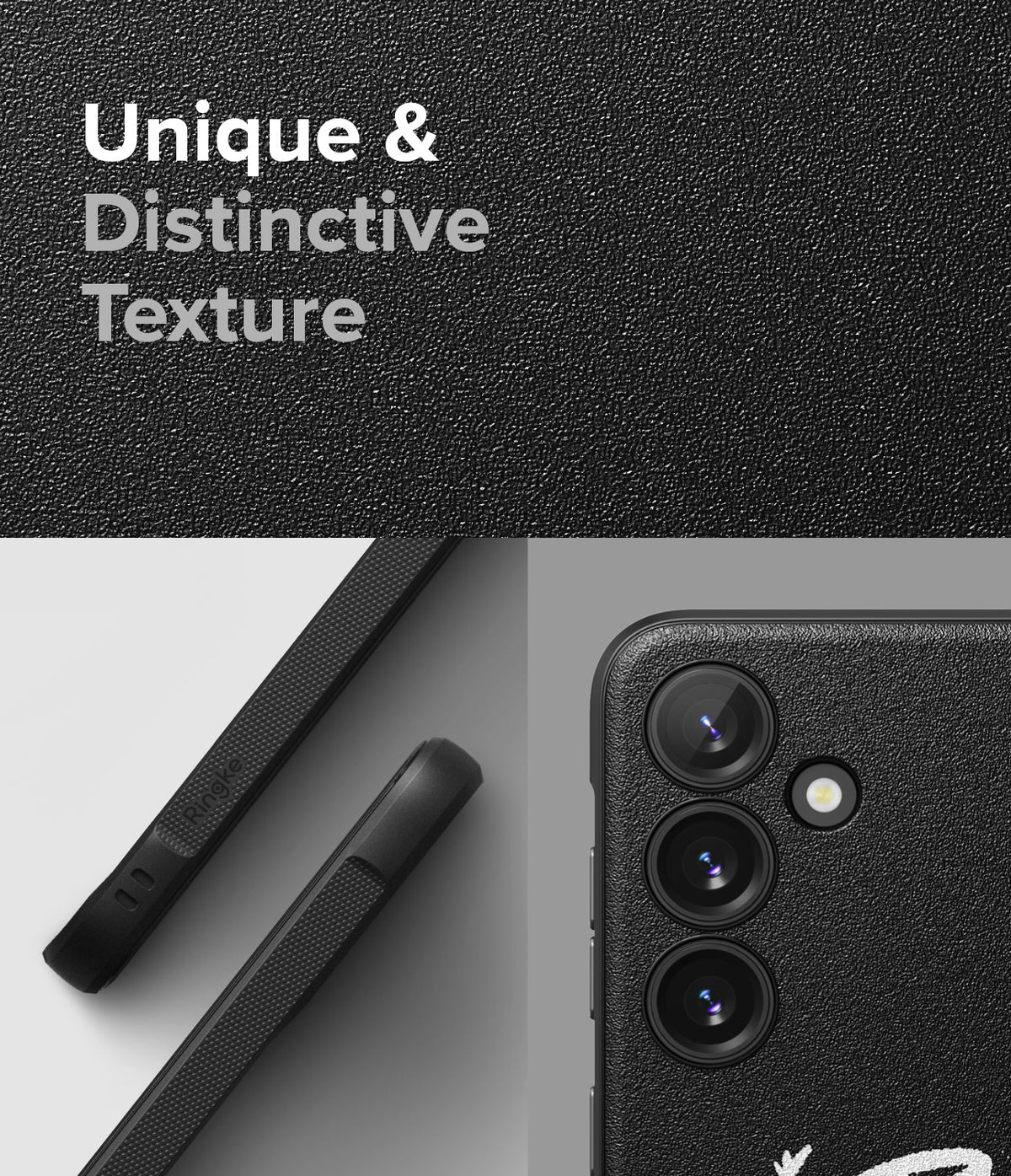 Galaxy S24 Case | Onyx Design - Close-up of a black phone case with a textured, pebbled finish and triple camera array.