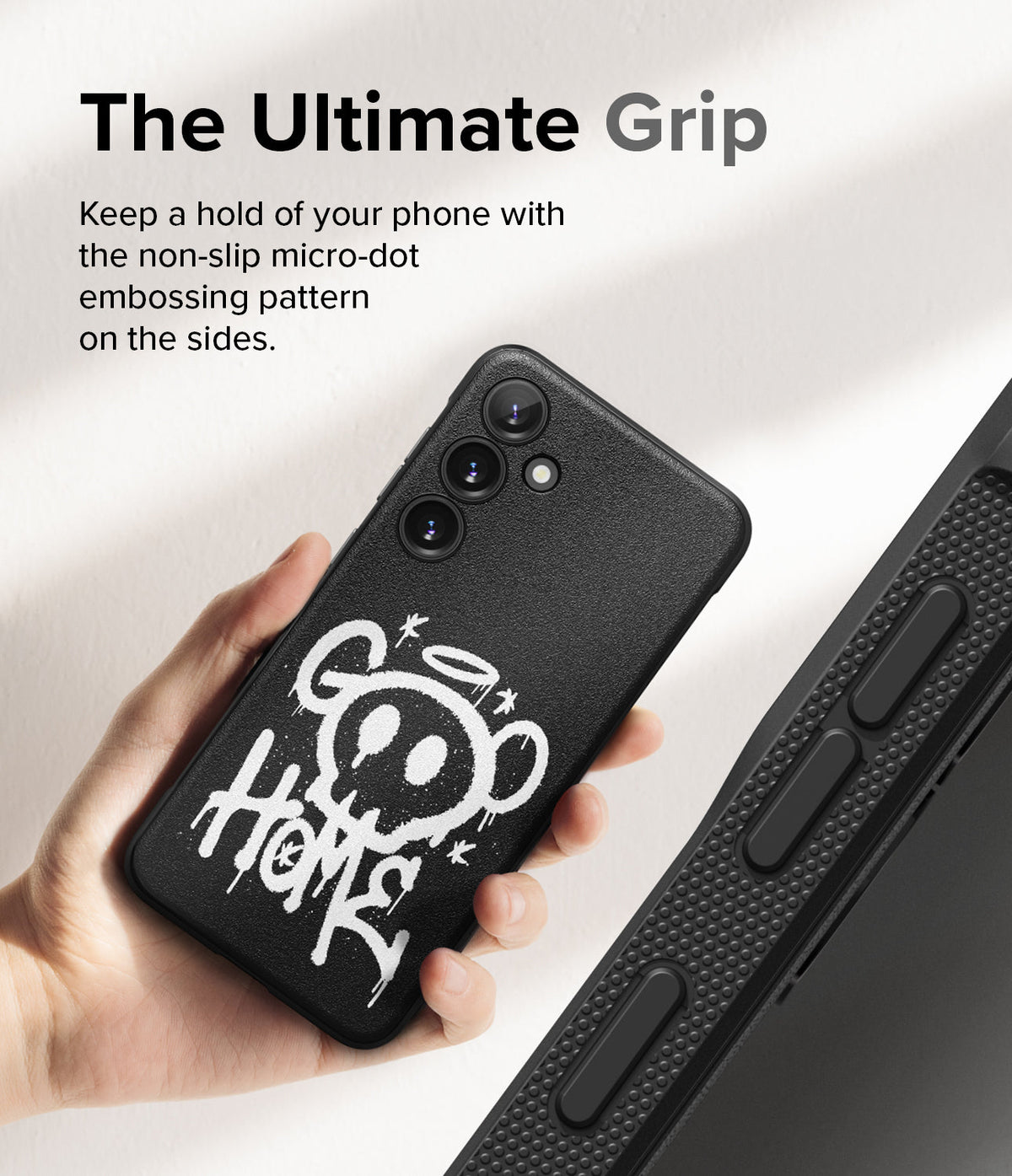Galaxy S24 Case | Onyx Design - Black phone case with white graffiti art held in hand, showing side micro-dot grip texture.