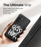 Galaxy S24 Case | Onyx Design - Black phone case with white graffiti art held in hand, showing side micro-dot grip texture.