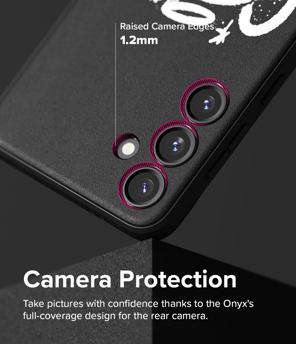 Galaxy S24 Case | Onyx Design - Close-up of phone case showing 1.2mm raised edges around the camera lenses for protection.