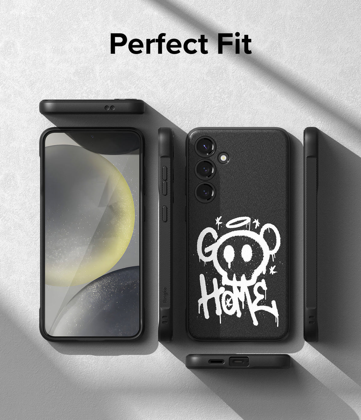Galaxy S24 Case | Onyx Design - Black phone case with white graffiti skull art, shown from multiple angles on a gray surface.