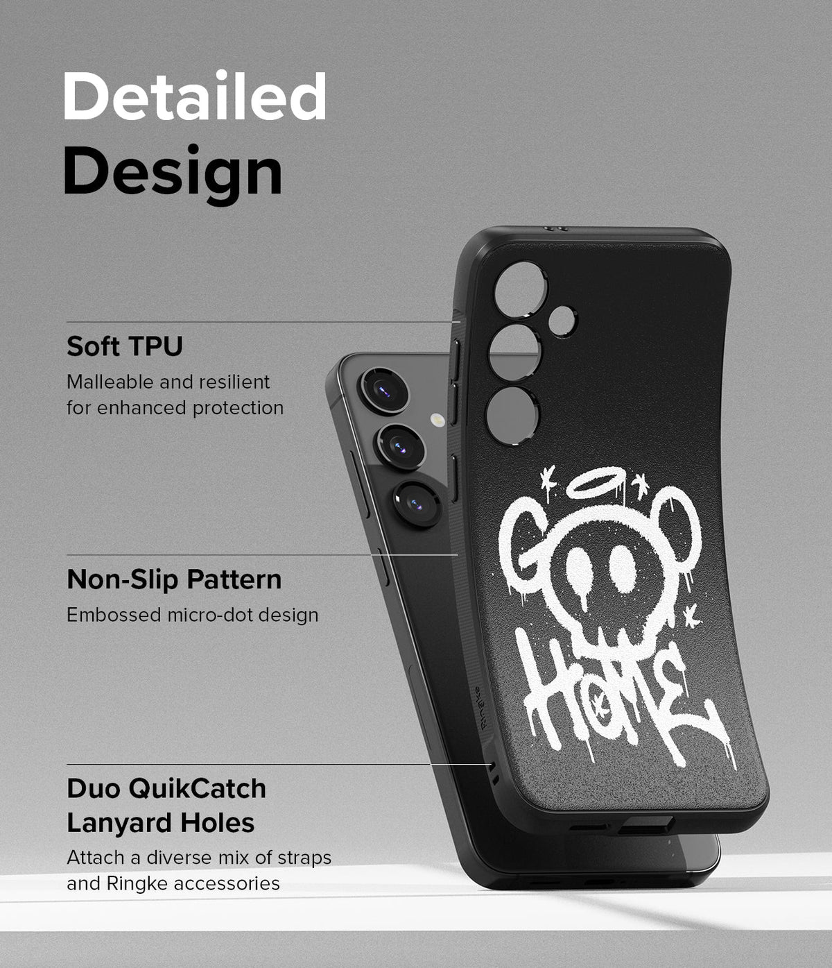 Galaxy S24 Case | Onyx Design - Black phone case with white graffiti art, highlighting TPU material and lanyard holes.