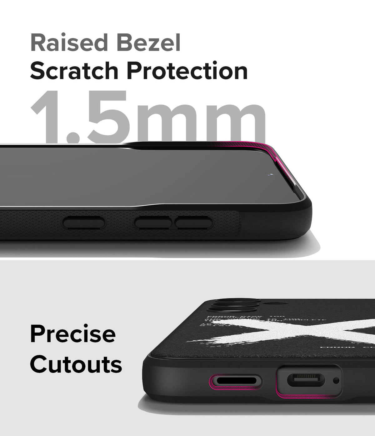 Galaxy S24 Plus Case | Onyx Design - Close-up of phone case showing 1.5mm raised bezel and precise port cutouts.