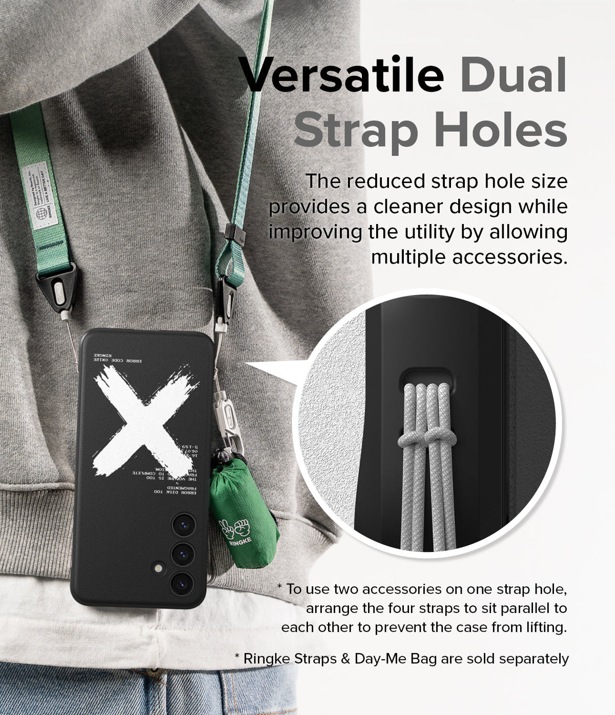 Galaxy S24 Case | Onyx Design - Black phone case with dual strap holes, showing a green lanyard and accessory attached.