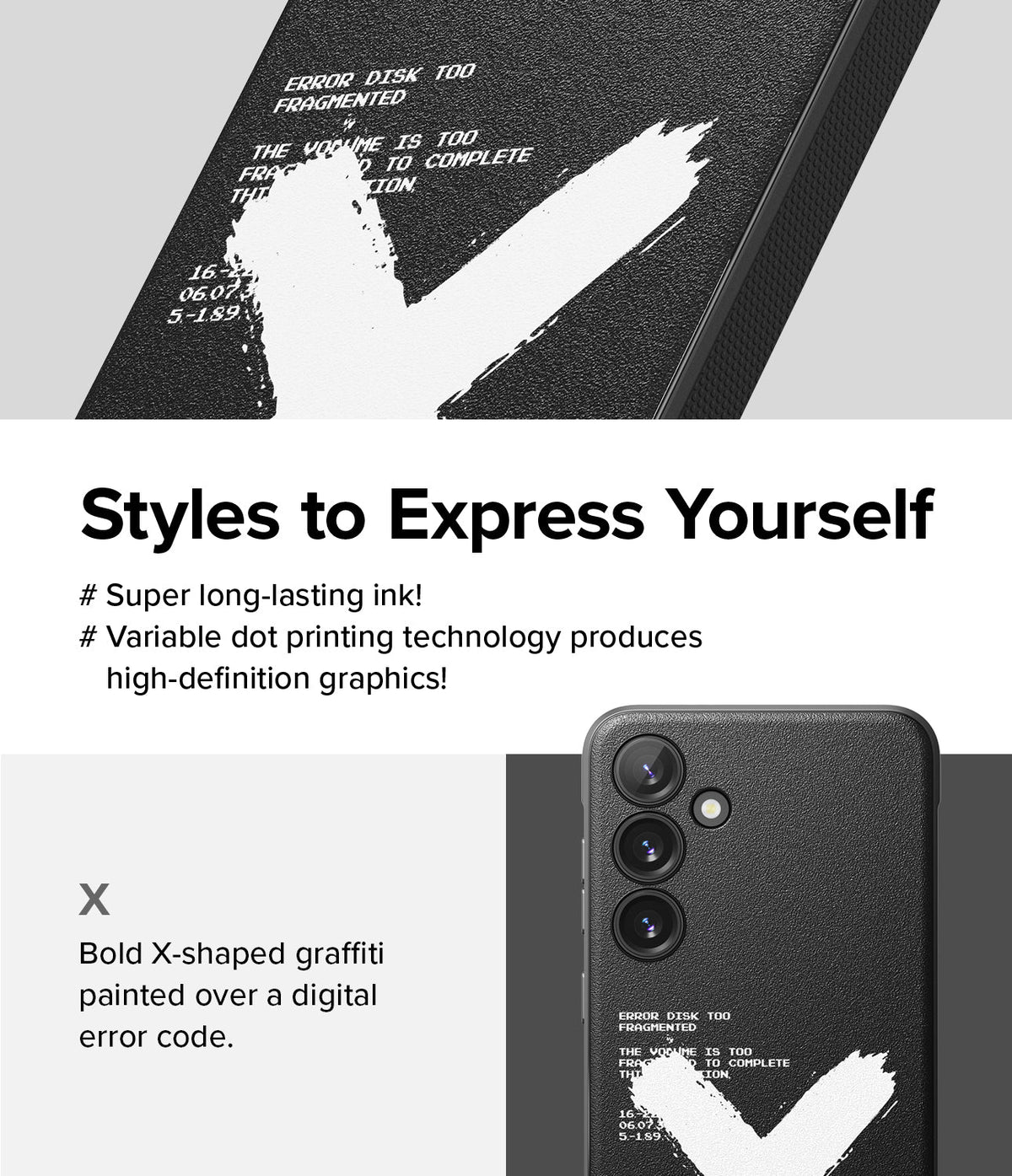 Galaxy S24 Plus Case | Onyx Design - Black phone case featuring a white X-shaped graffiti design over digital error text.
