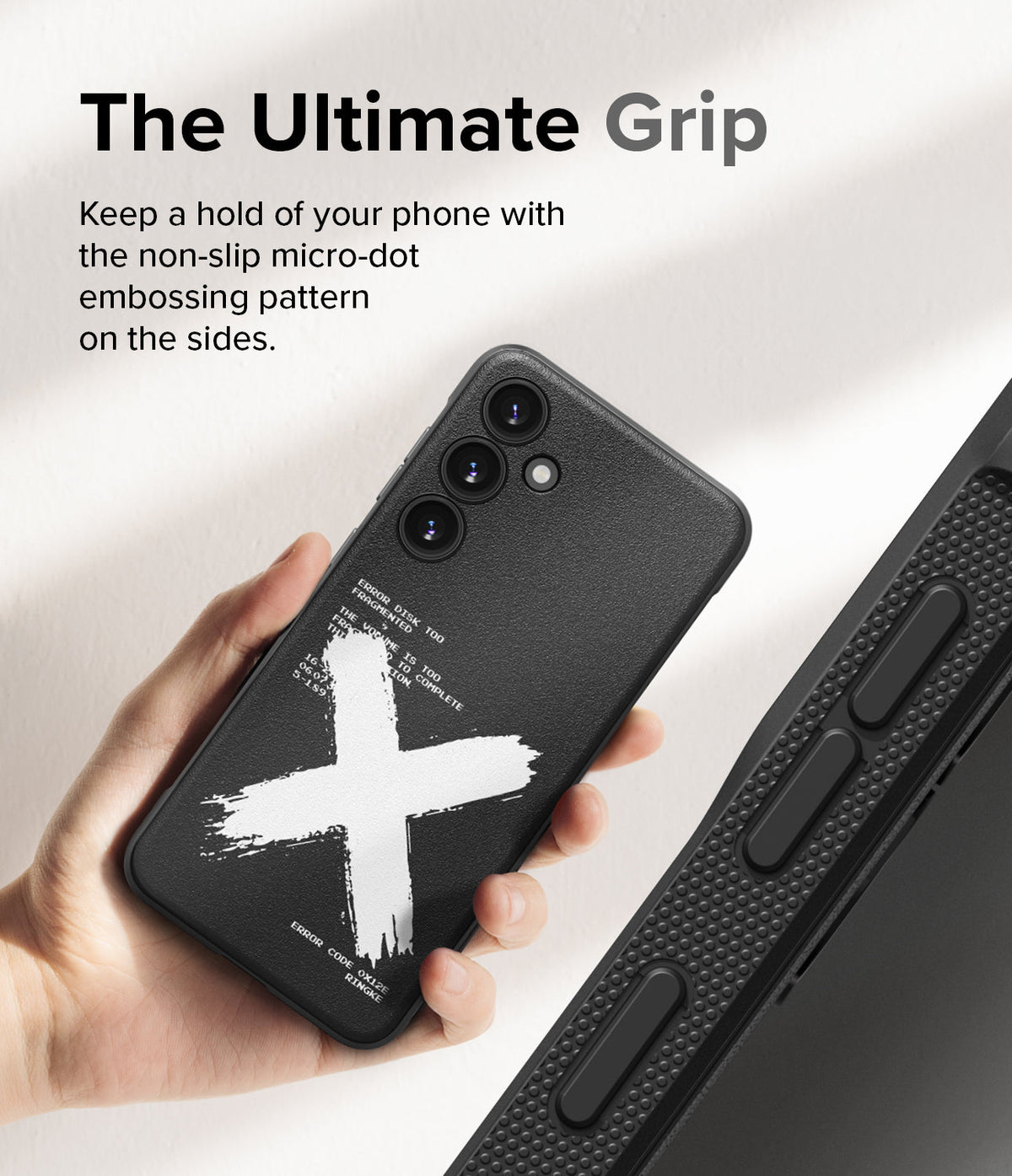 Galaxy S24 Plus Case | Onyx Design - Black phone case with white X graphic and micro-dot side grip texture held in hand.