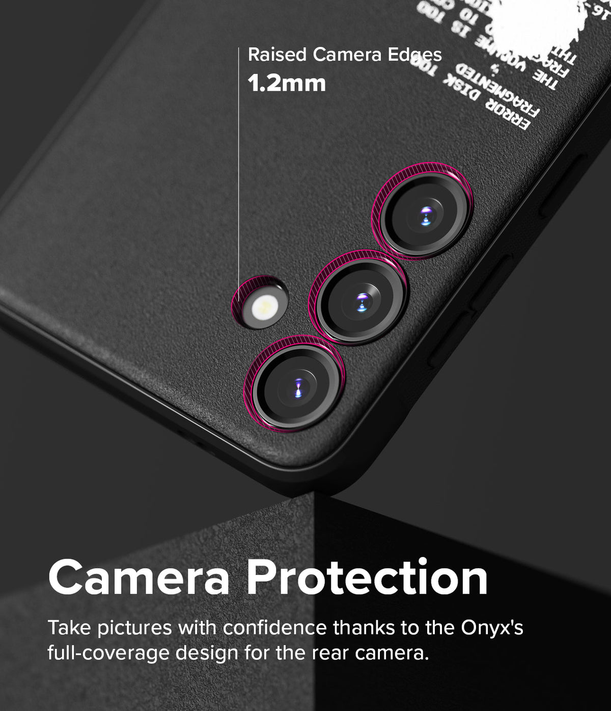 Galaxy S24 Plus Case | Onyx Design - Close-up of phone case showing 1.2mm raised edges around the camera lenses for protection.