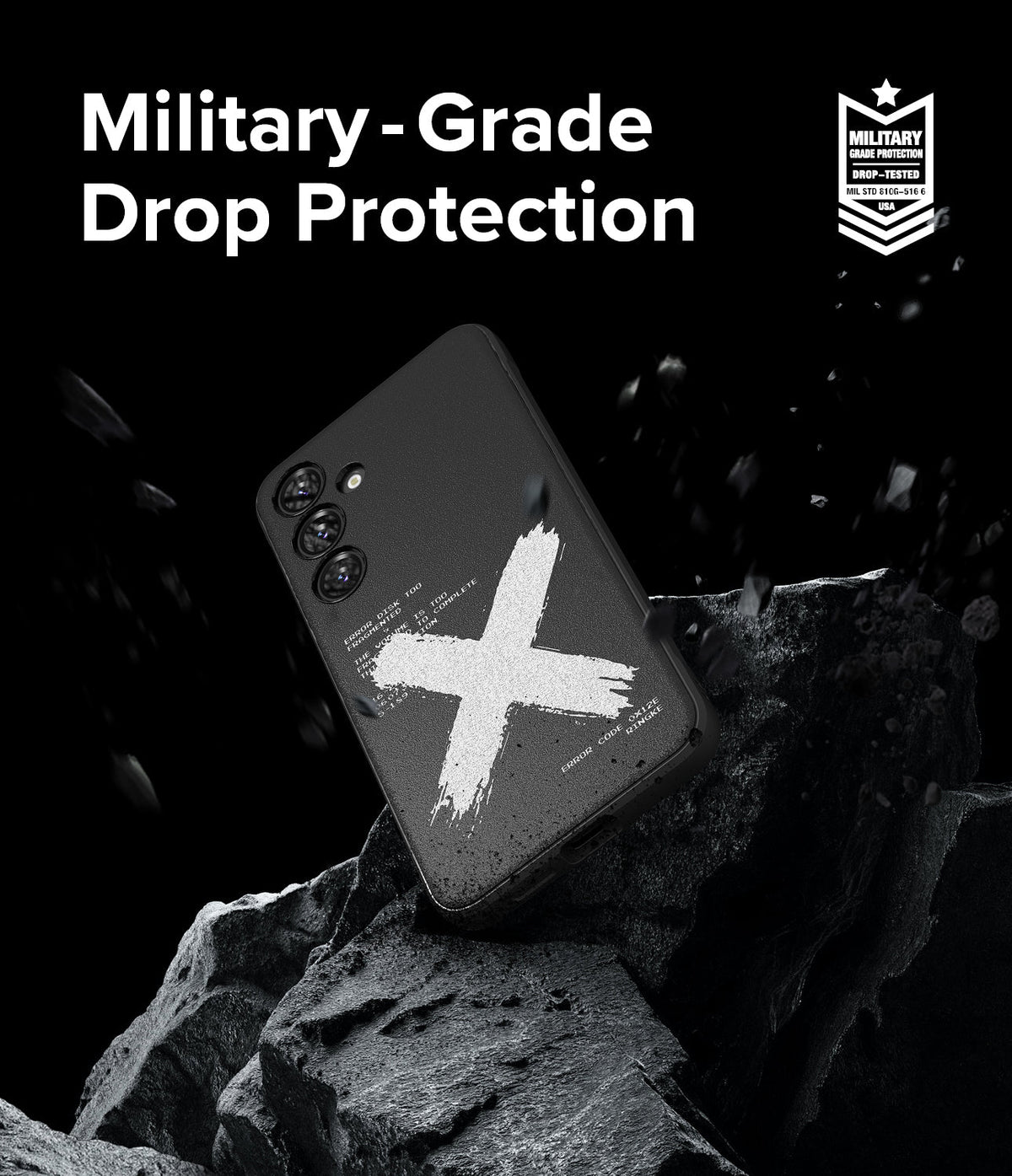 Galaxy S24 Plus Case | Onyx Design - Black phone case with white X graphic, floating on dark rocks with military-grade text.