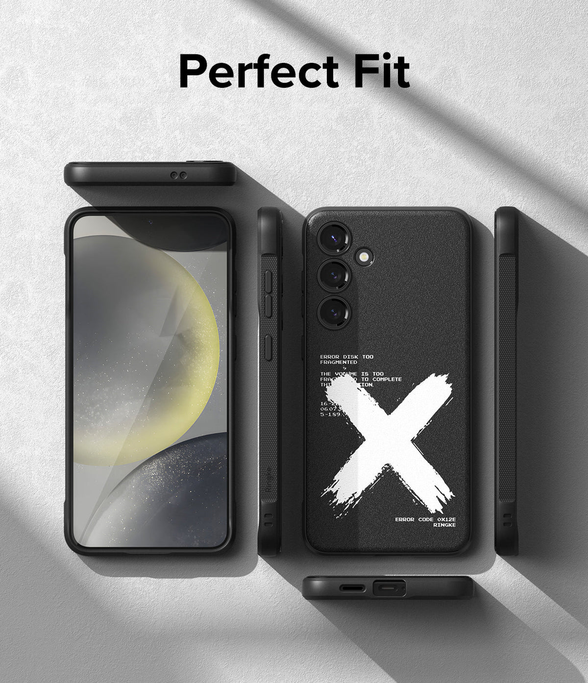 Galaxy S24 Plus Case | Onyx Design - Black phone case with white X graphic and text, shown from multiple angles on a gray surface.