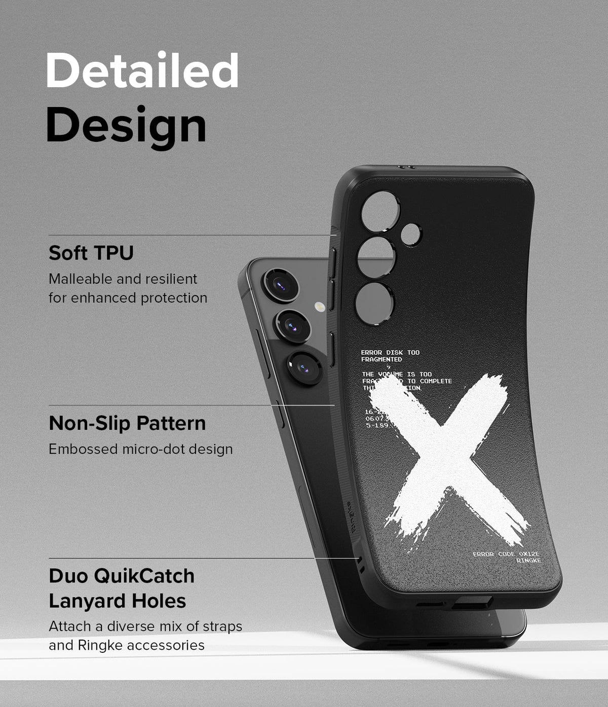 Galaxy S24 Plus Case | Onyx Design - Black phone case with white X graphic, highlighting TPU material, grip texture, and lanyard holes.