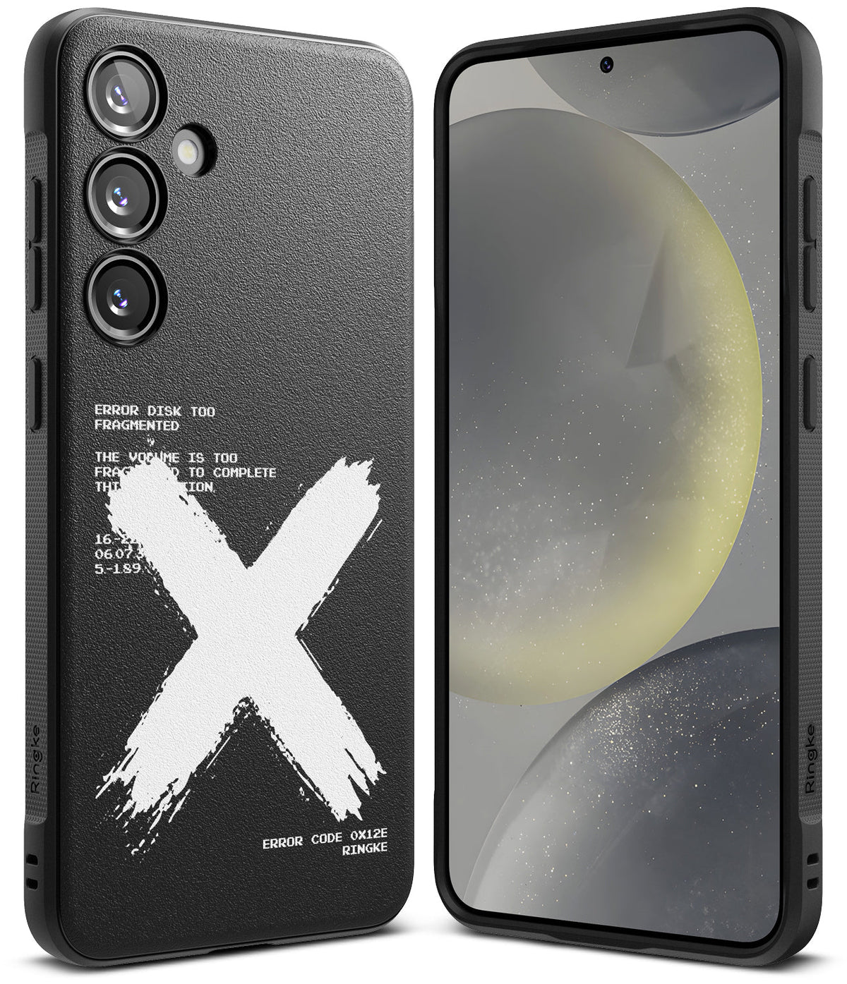 Galaxy S24 Case | Onyx Design - Black phone case with white brushstroke X and error code text, shown from front and back.