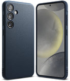 Galaxy S24 Plus Case | Onyx - Navy blue textured phone case shown from back and front with a spherical abstract wallpaper.