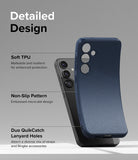 Galaxy S24 Plus Case | Onyx - Navy blue phone case showing TPU material, micro-dot texture, and lanyard holes with labels.