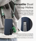 Galaxy S24 Case | Onyx - Navy phone case with dual strap holes holding a green lanyard and small accessory bag.