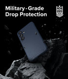 Galaxy S24 Plus Case | Onyx - Navy phone case floating above jagged black rocks with military-grade drop protection text.