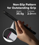 Galaxy S25 FE Case | Onyx - Hand holding a black phone case with a textured non-slip grip, 35.5g weight, and 2.0mm thickness.
