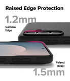 Galaxy S25 FE Case | Onyx - Close-up of black phone case showing 1.2mm camera edge and 1.5mm screen bezel protection.
