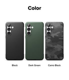Galaxy S25 FE Case | Onyx - Three Galaxy S25 FE phone cases in black, dark green, and camo black arranged side by side.