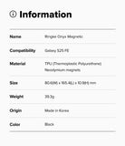 Galaxy S25 FE Case | Onyx Magnetic - Information table listing product name, compatibility, material, size, weight, origin, and color.