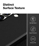 Galaxy S25 FE Case | Onyx Magnetic - Close-up of black textured phone case with icons for non-slip, impact protection, and TPU.