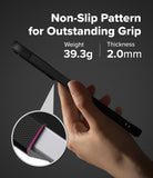 Galaxy S25 FE Case | Onyx Magnetic - Hand holding black phone case with textured grip, showing 39.3g weight and 2.0mm thickness.