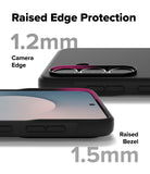 Galaxy S25 FE Case | Onyx Magnetic - Black phone case showing 1.2mm camera edge and 1.5mm screen bezel protection.