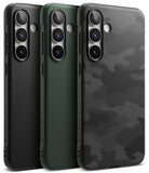 Galaxy S25 FE Case | Onyx - Three Galaxy S25 FE cases in black, green, and black camo textures with triple camera cutouts.