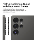 Galaxy S25 Ultra | Camera Lens Frame Glass - Individual metal lens covers shown floating beside a smartphone camera.