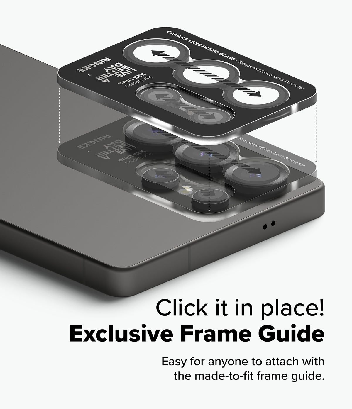[Bundle] Galaxy S25 Ultra | Fusion-X Magnetic - Galaxy S25 Ultra | Fusion-X Magnetic - Tempered glass camera lens protector being aligned onto a phone using a frame guide.
