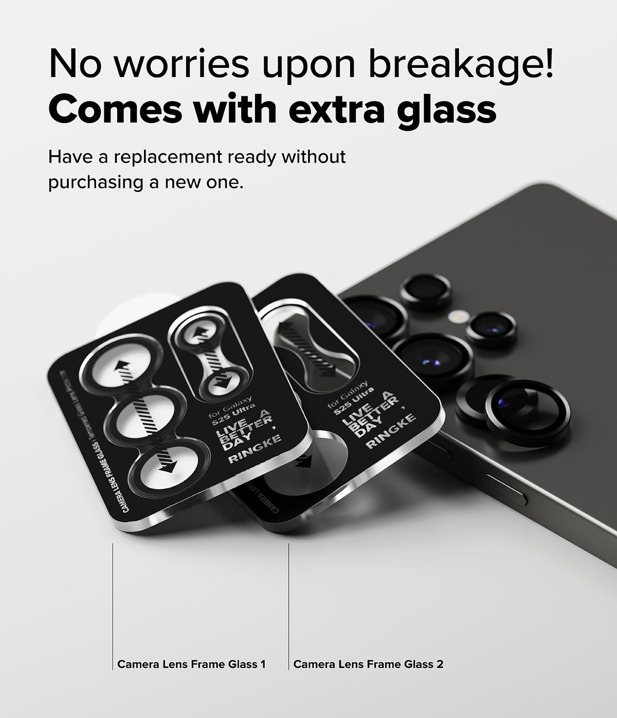 [Bundle] Galaxy S25 Ultra | Onyx Magnetic - Two camera lens protectors for Galaxy S25 Ultra next to a smartphone.