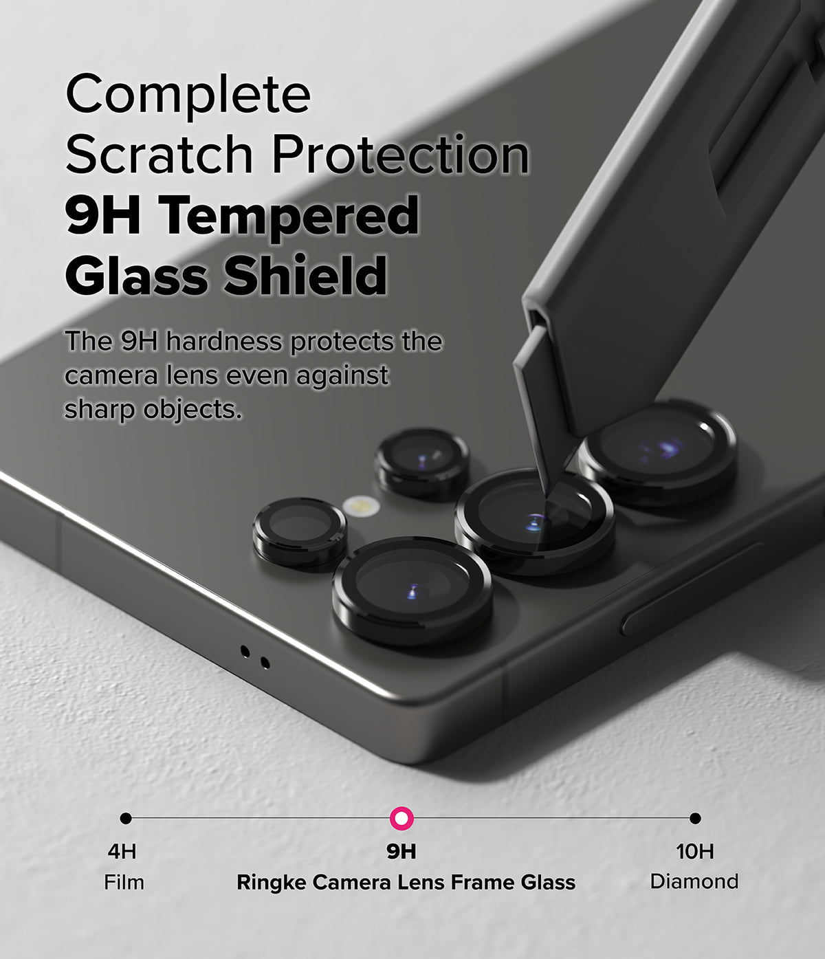 [Bundle] Galaxy S25 Ultra | Silicone Magnetic - A utility knife blade scrapes a 9H tempered glass camera lens protector.