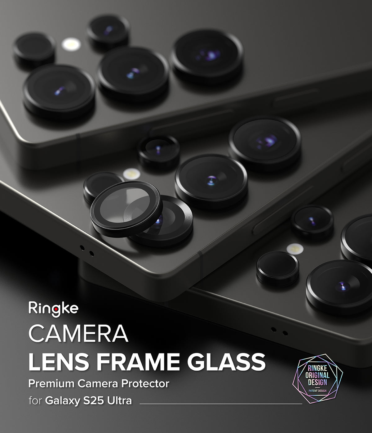 [Bundle] Galaxy S25 Ultra | Onyx Magnetic - Black camera lens protectors being applied to a Galaxy S25 Ultra smartphone.