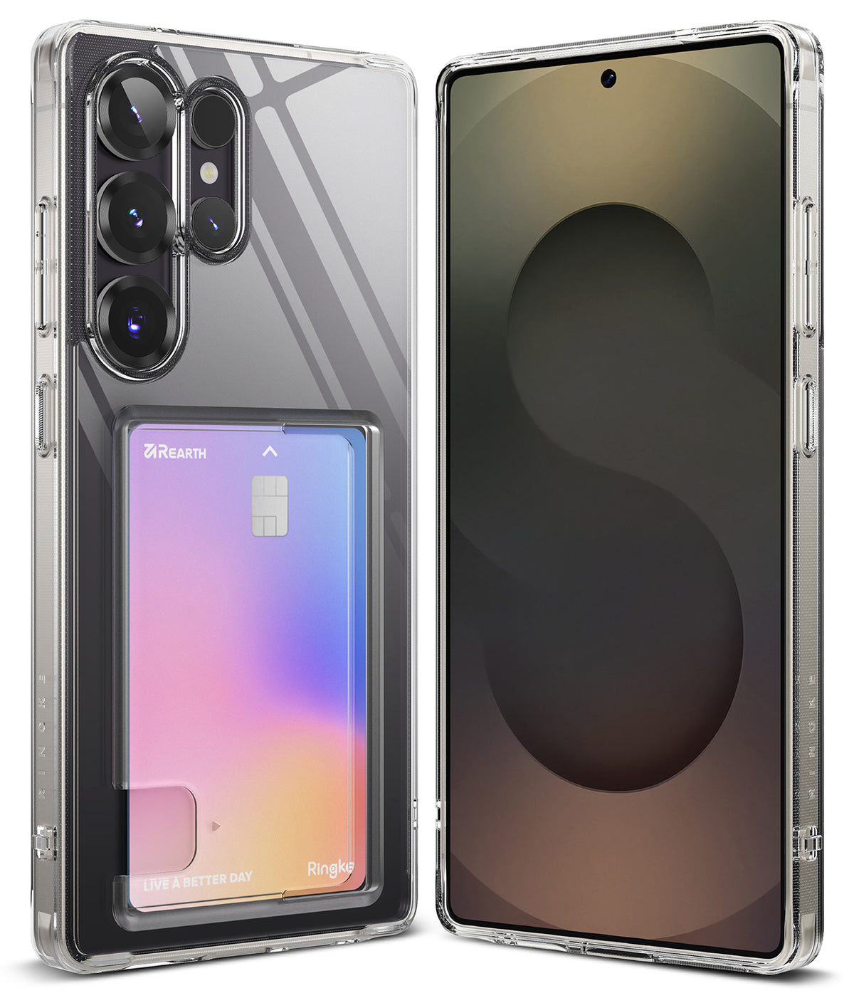 Galaxy S25 Ultra Case | Fusion Card - Clear phone case with a rear card slot holding a gradient card, shown front and back.