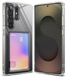 Galaxy S25 Ultra Case | Fusion Card - Clear phone case with a rear card slot holding a gradient card, shown front and back.