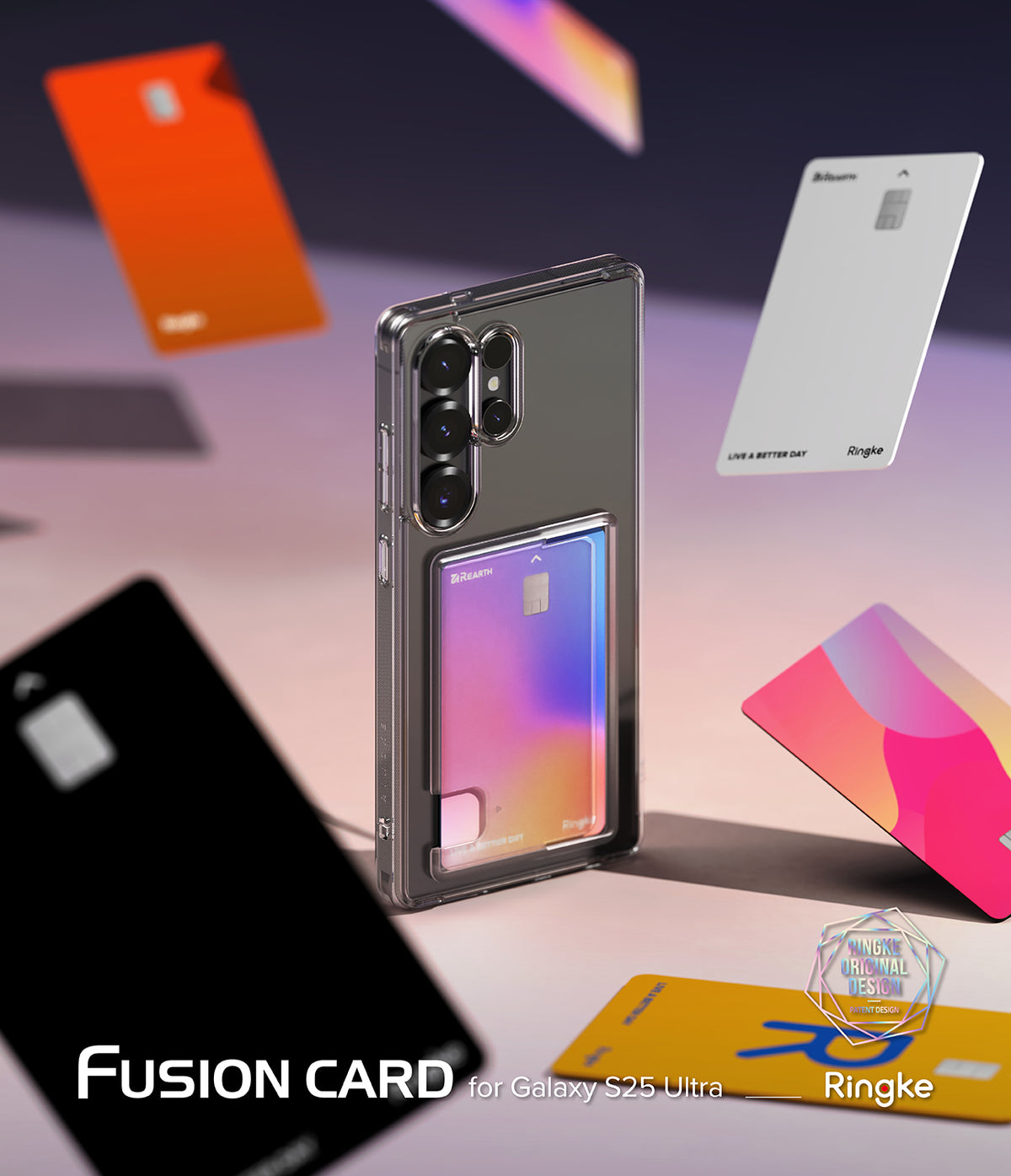 Galaxy S25 Ultra Case | Fusion Card - Clear phone case holding a colorful card, surrounded by floating credit cards.