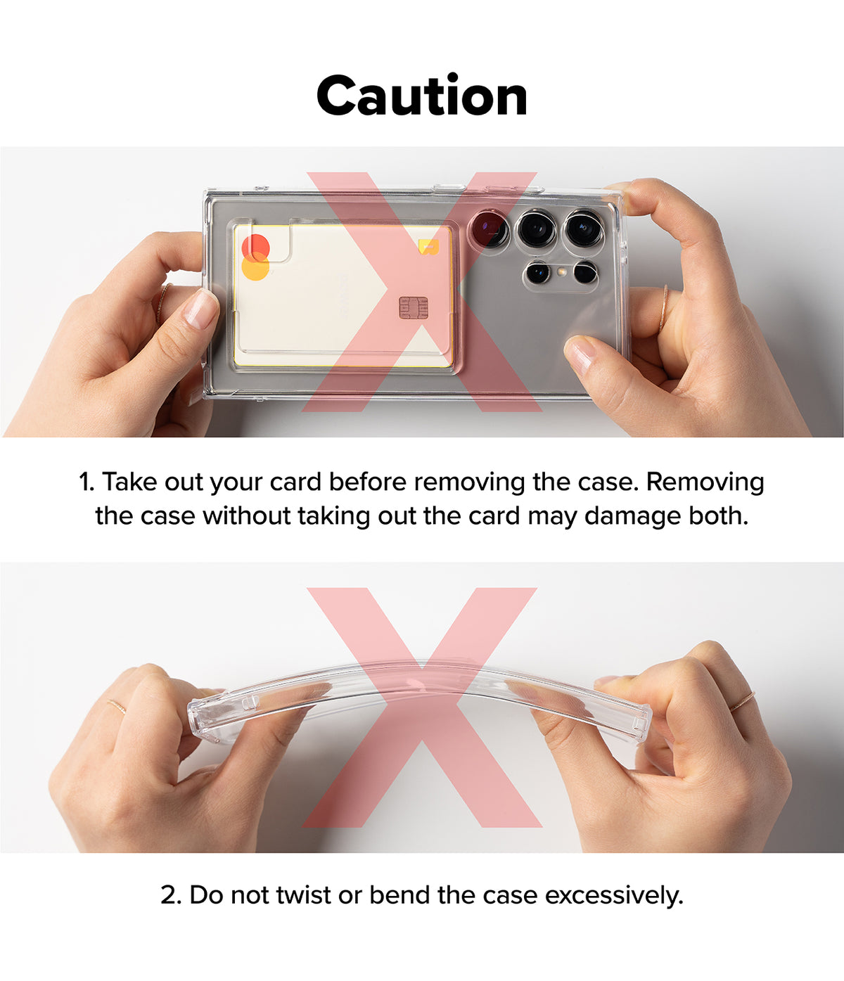 Galaxy S25 Ultra Case | Fusion Card - Caution instructions showing not to remove case with card inside or twist it.